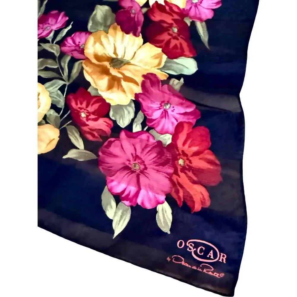 Vintage Oscar de la Renta Silk Scarf Black Jewel Tone Floral 1990s NWT